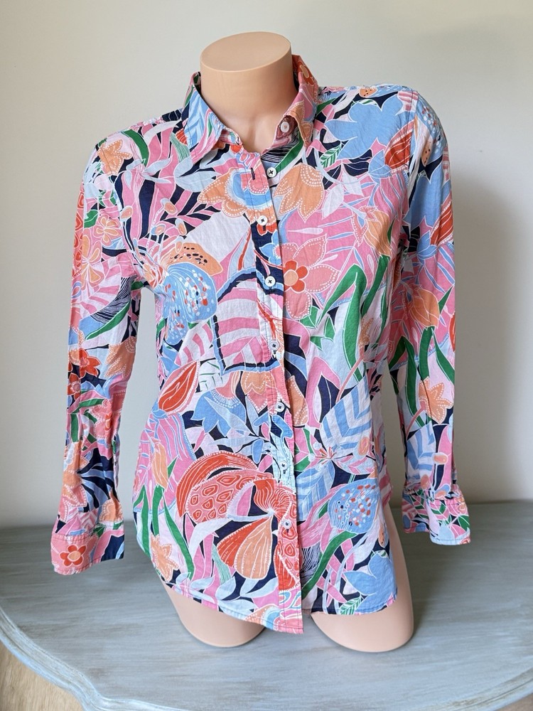 Talbots Petite Floral Button Shirt Women Sz M P Long Sleeve Blouse Tropical Palm