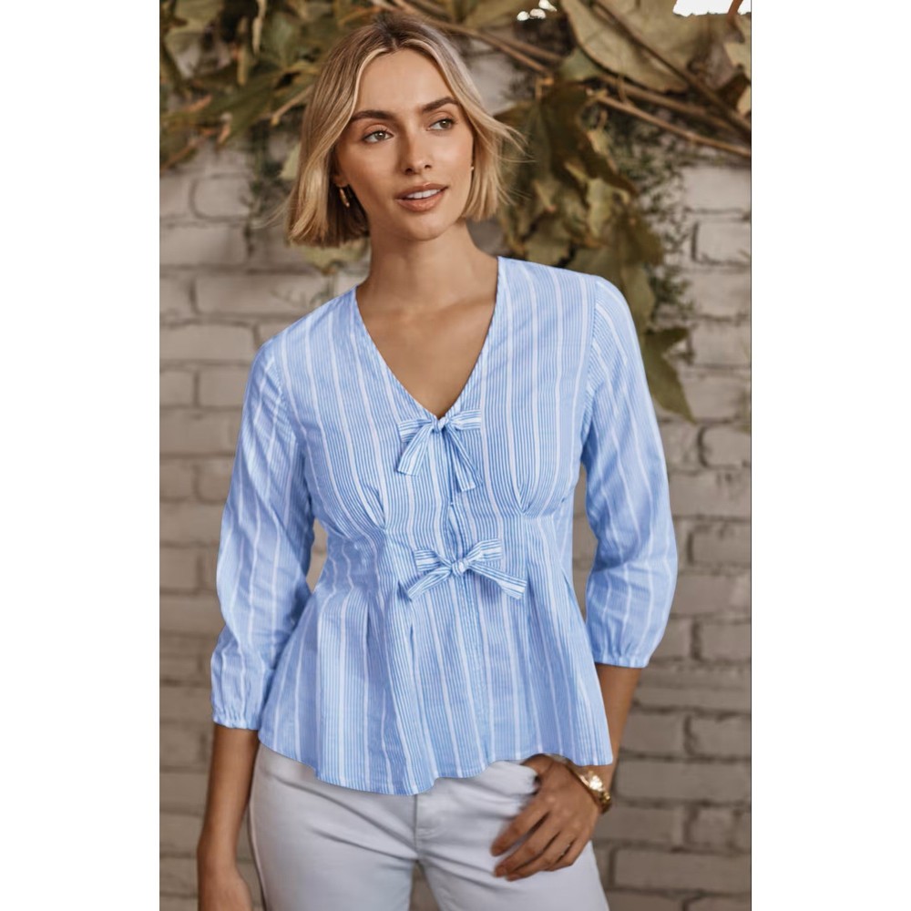 J. Jill Blue White Striped Tie-Front Pleated Cotton Top 2X Womens 3/4 Sleeve