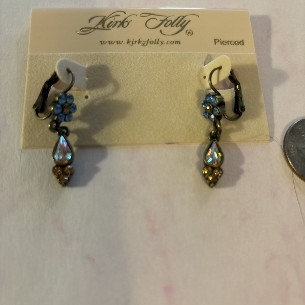Vintage Kirks Folly Dangle Earrings Beautiful Aurora Borealis Antiqued