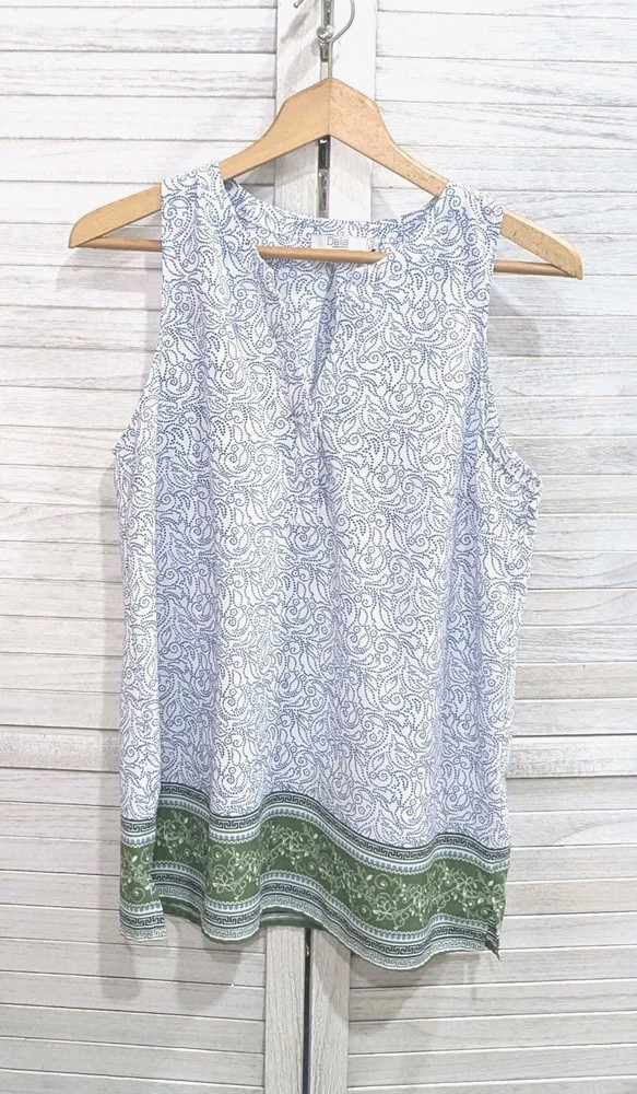 Dalia Sz L Sleeveless Tunic Blouse Blue White Pattern w/ Green Border At Hem