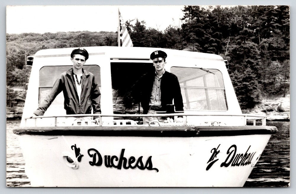 RPPC~Wisconsin~Men On Bow Of The Duchess River Tour Boat~Real Photo Postcard