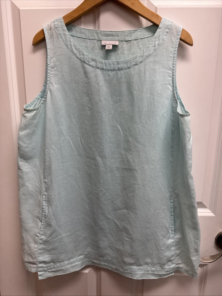 J Jill Pure Linen Top Womens M Petite Blue Sleeveless Tunic Casual w/pockets
