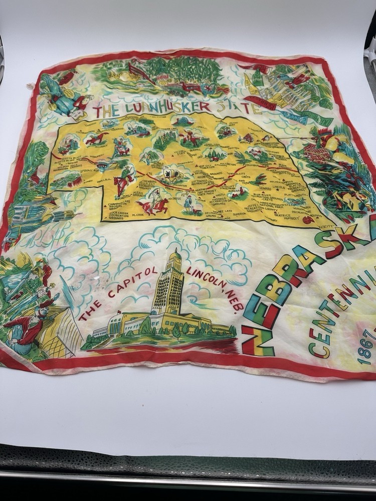 Vintage Pure Silk Souvenir Scarf, Nebraska Centennial  1867-1967 Vintage.