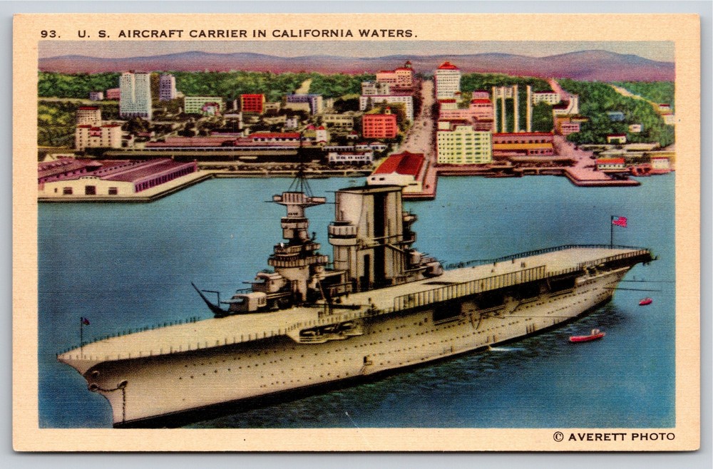 Military Ships~Air View US Aircraft Carrier In California~Vintage Postcard
