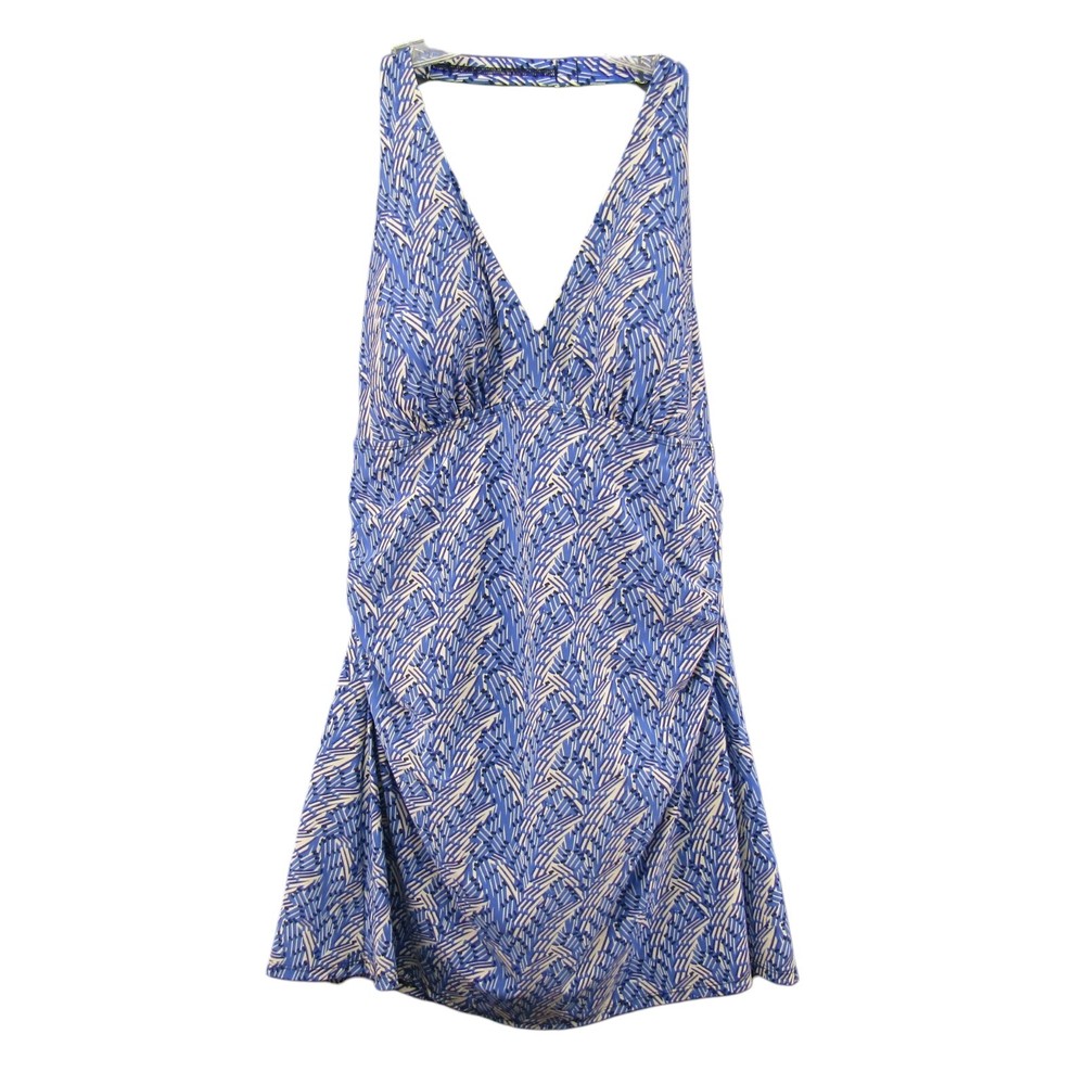 LL Bean Blue Halter Neck Swim Dress Ruched Sides Size 16 Long See Measurements