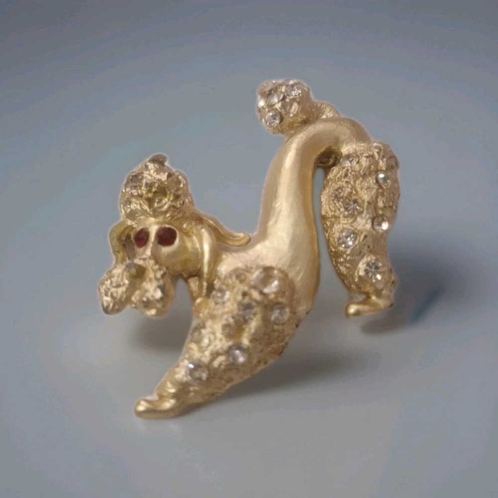 Vintage Monet Rhinestone Playful Poodle Dog Gold Tone Brooch Pin 1.5