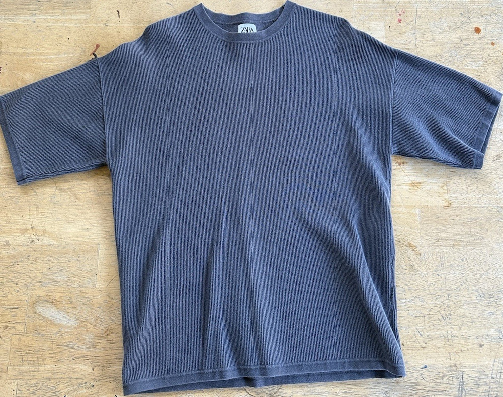 Zara Men’s Blue Solid Knit Crew Neck Short Sleeve Cotton Blend T-Shirt S
