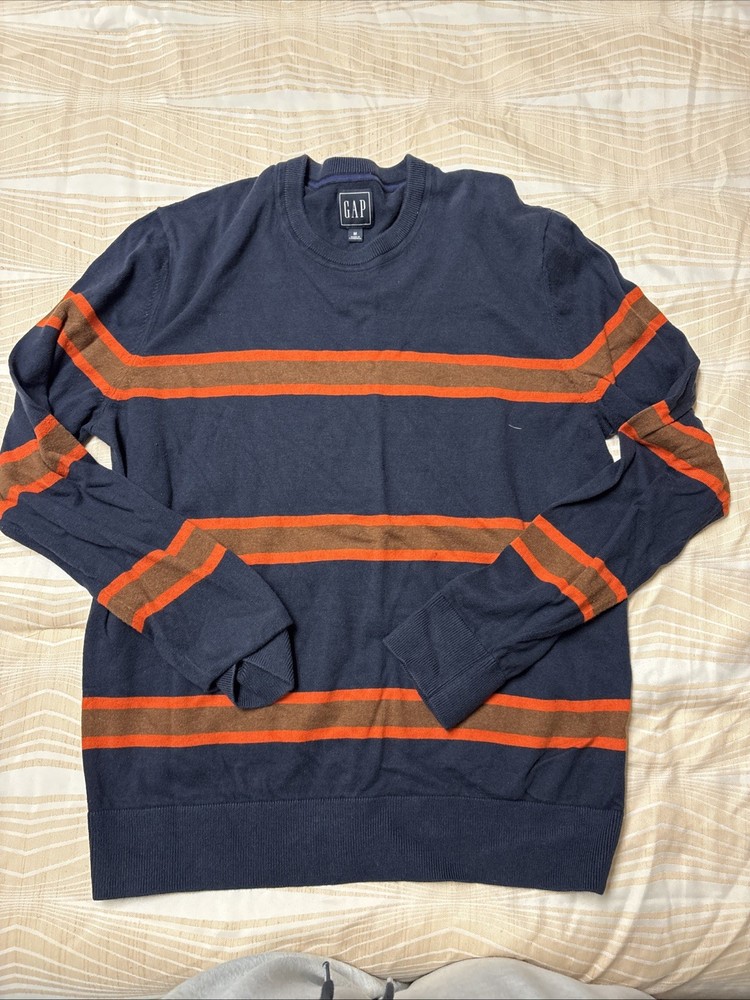 Men’s Gap Size Medium Sweater Navy and Orange Striped Long Sleeve