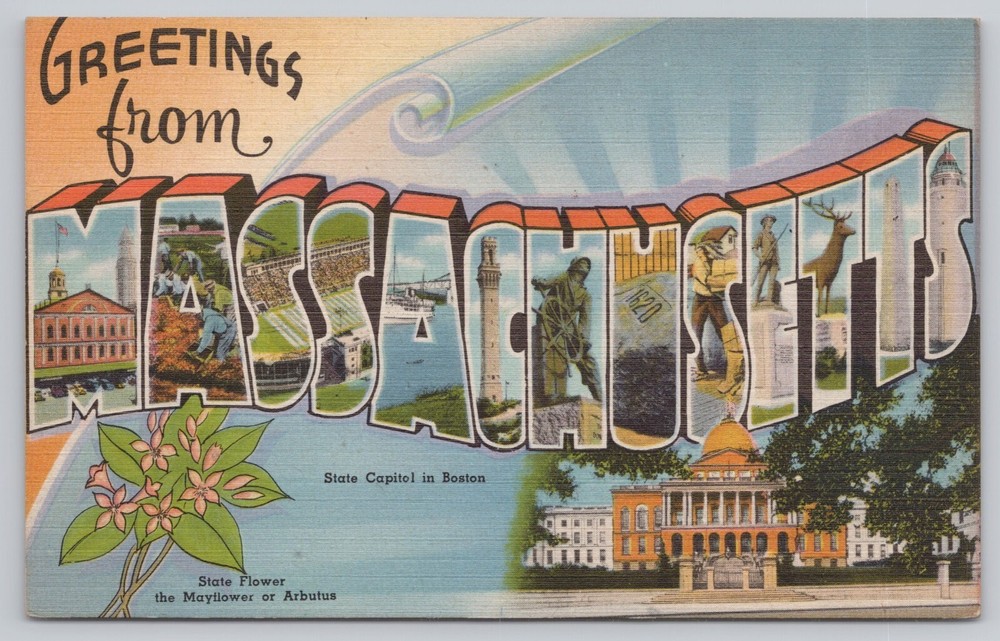 Massachusetts, Large Letter Greetings, State Capitol & Flower, Vintage Postcard