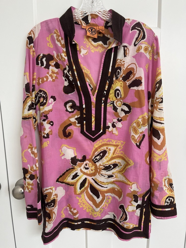 Tory Burch Pink Floral Tunic Top Size 8 Boho Beach Resort 100% Cotton Brown Trim