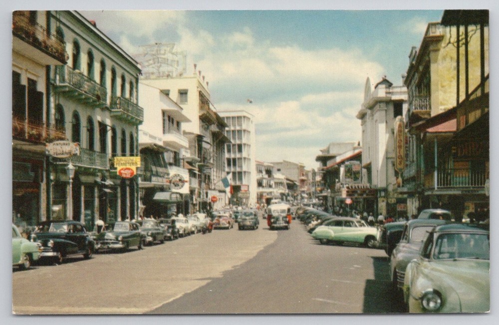 Vintage Central Avenue Panama City Postcard 1950s Mirro-Krome Cars
