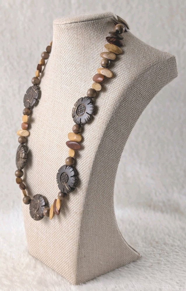 Carved Wood Flower Bead Necklace Boho Artisan Natural Brown Statement