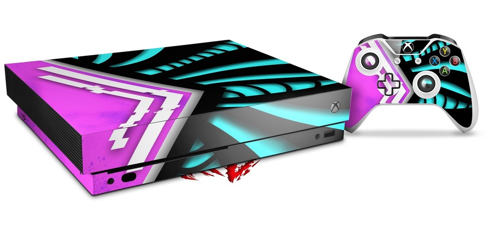 Skin for XBOX One X Console Controller Black Waves Neon Teal Hot Pink Decal