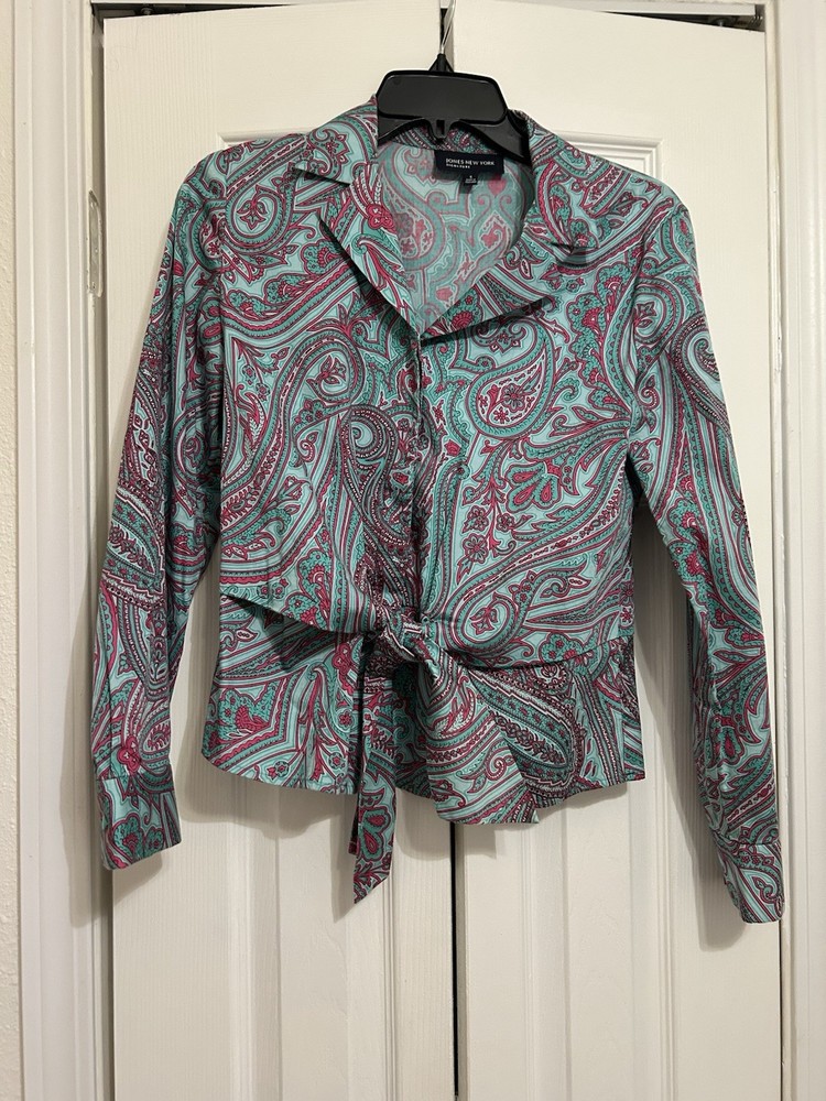 Jones New York Women's Paisley Tie Blouse 100% Cotton Turquoise Pink S