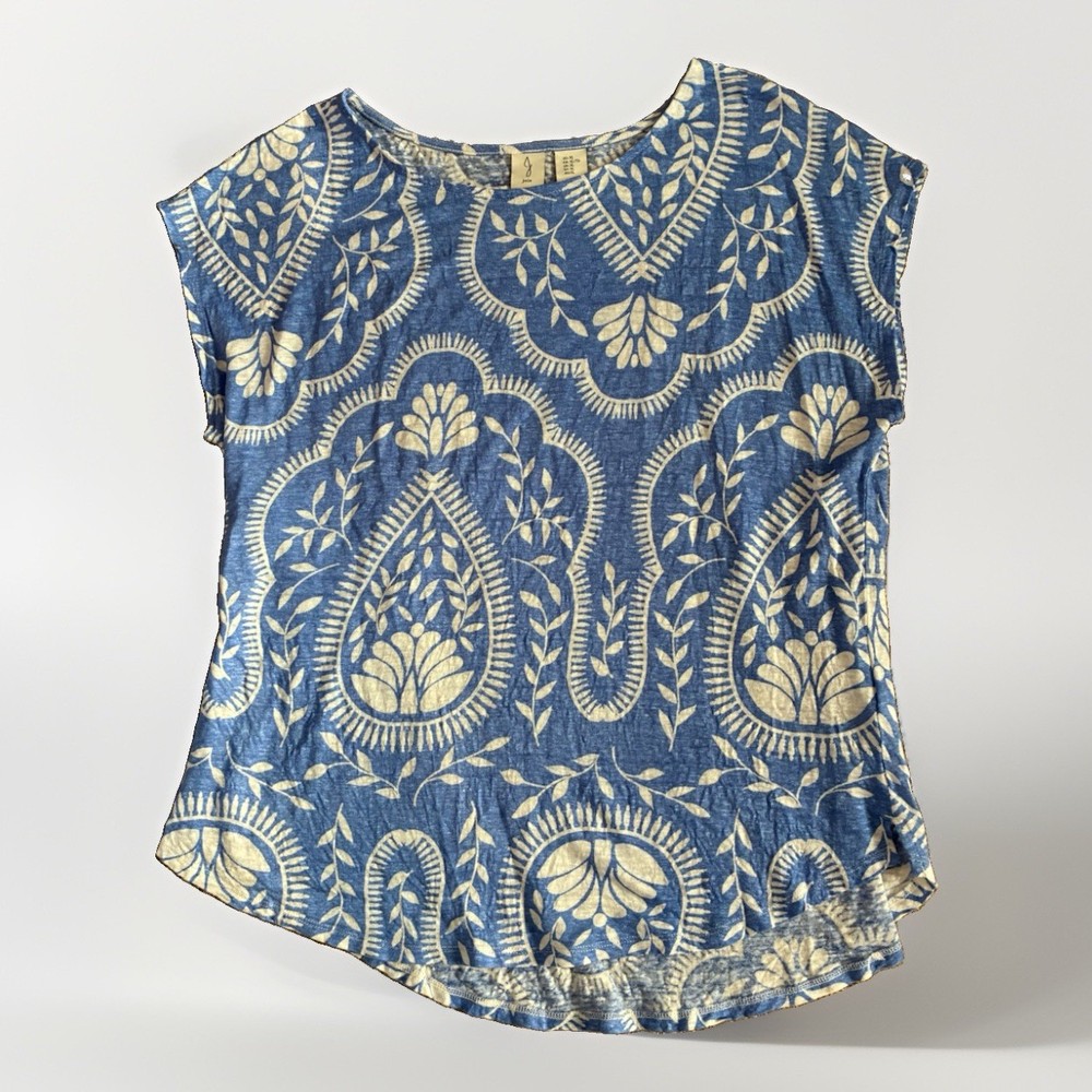 J Joie Linen Women’s Top Tee Blue XL Short sleeves Rounded Hem 100% Linen