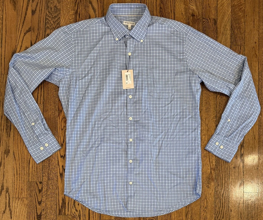 NWT Peter Millar Perfect Pinpoint Button Down Shirt Blue Plaid Stretch Men’s L