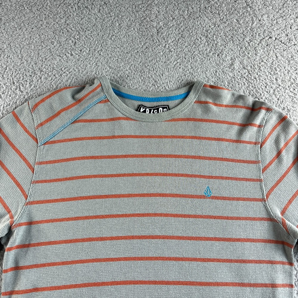 Volcom T shirt Mens Large Gray Orange Striped Thermal Waffle Knit Outdoor Skater