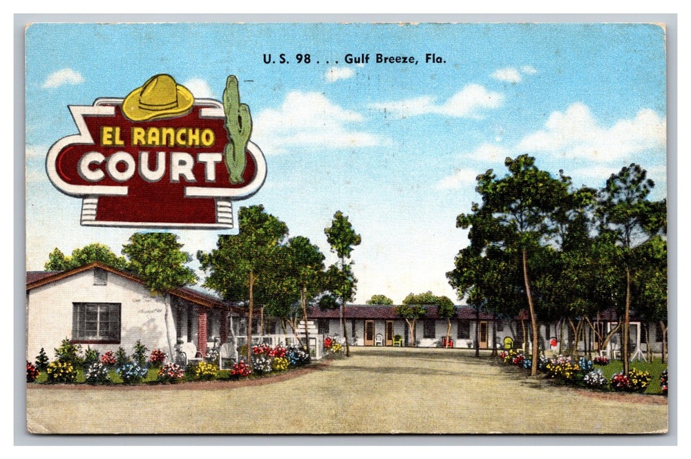 Gulf Breeze Florida FL El Rancho Court Motel Posted 1952 Linen Postcard