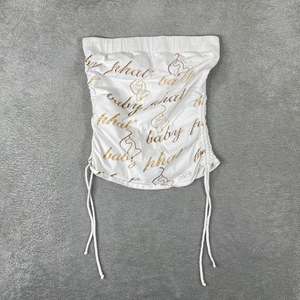 Baby Phat Tube Top Womens Medium White Gold Graphic Logo Ruched Y2K Babydoll