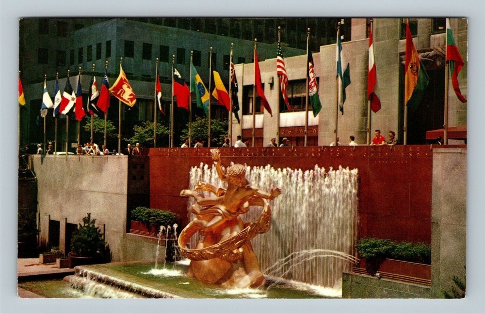 Rockefeller Plaza Prometheus Statue Fountain Flags Chrome New York City Postcard