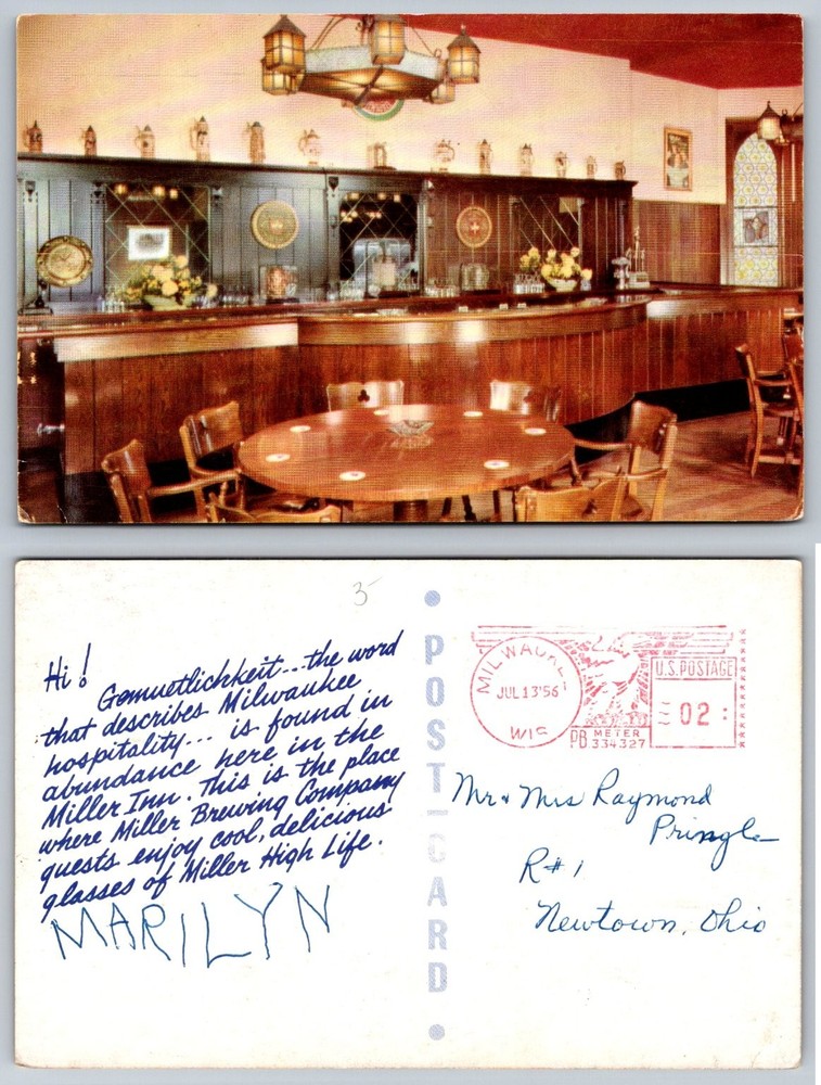 1956 Miller Inn Milwaukee WI Postcard - Miller Brewing Company Bar Interior