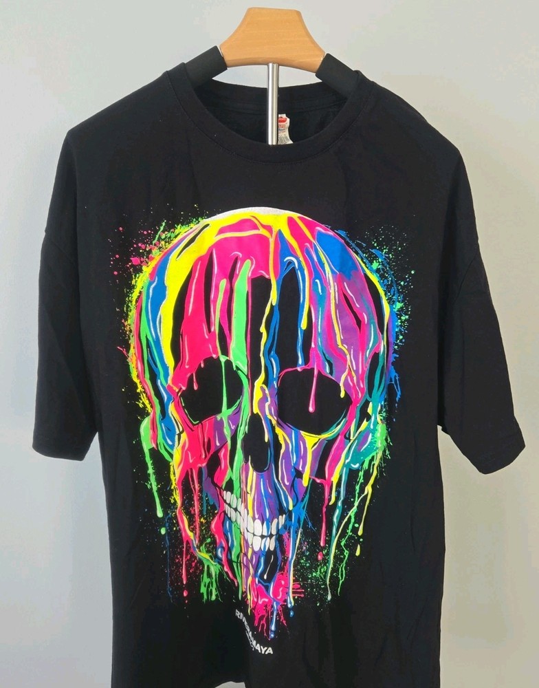 Mens XL Black Neon Dripping Skull Graphic T Shirt Colorful Gothic Punk...