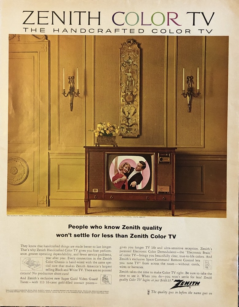 1964 Zenith Handcrafted Color TV PRINT AD Quality - Television Set VTG 1960s