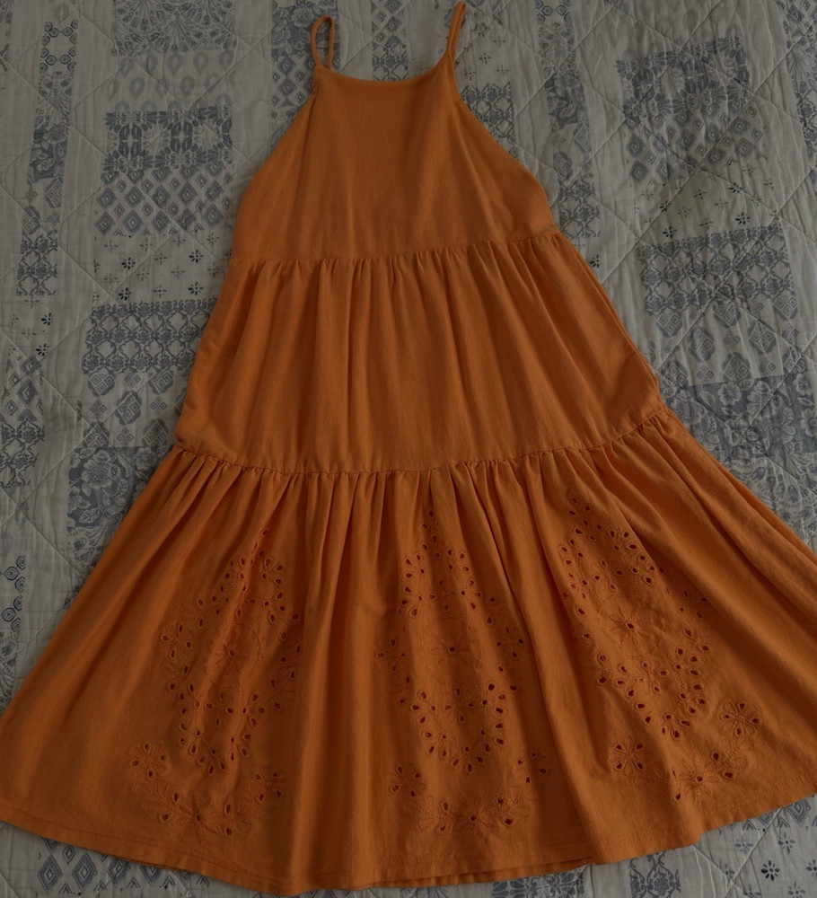 Zara Girls Orange Solid Midi Sundress 11-12 Sleeveless Tiered Eyelet