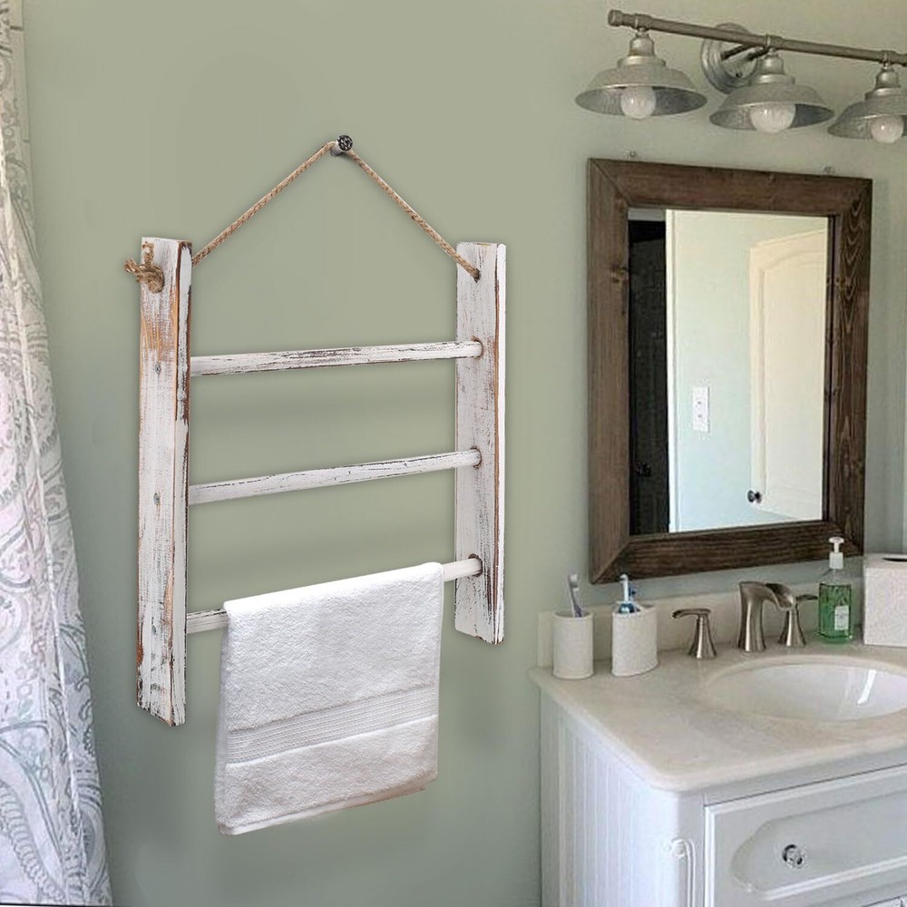 Rustic Wood Ladder Hand Towel Rack for Bathroom, Farmhouse Blanket Ladders fo...