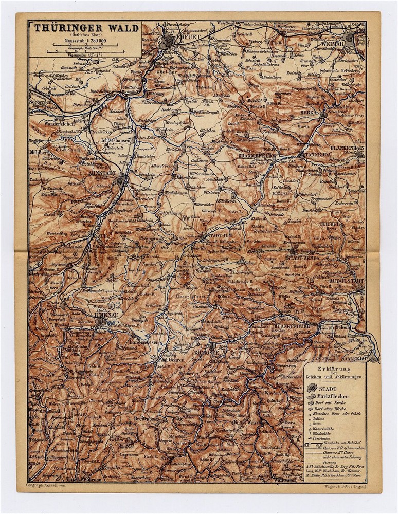 1886 Antique Map Of Thuringian Forest Thueringer Wald / Eastern Part / Germany