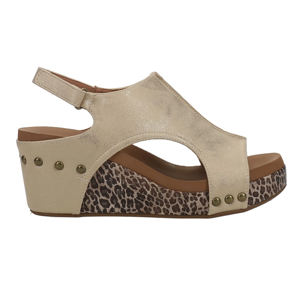 Corkys Carley Leopard Print Studded Slingback Wedge Sandals in Beige
