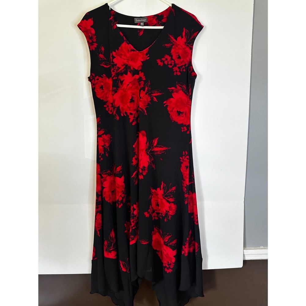 Luxology Women’s Black Red Floral Sleeveless Midi Dress Size 12 Handkerchief Hem