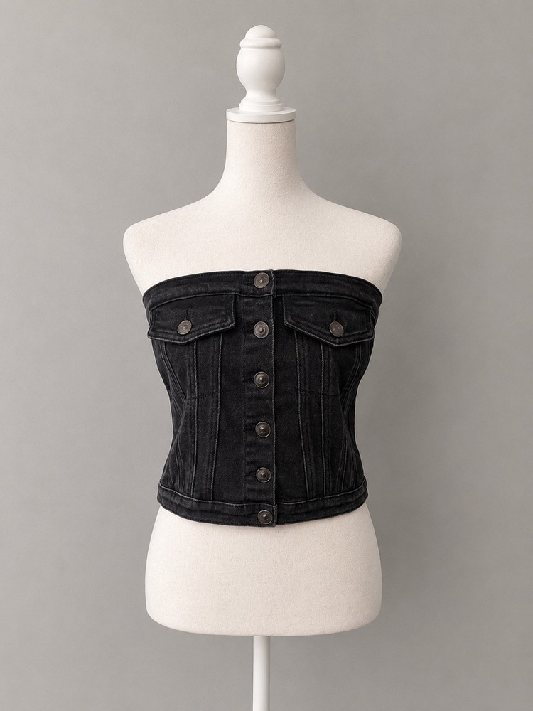 Rue21 Black Denim Corset Tube Top Women’s M Button Front Strapless Bustier Y2K