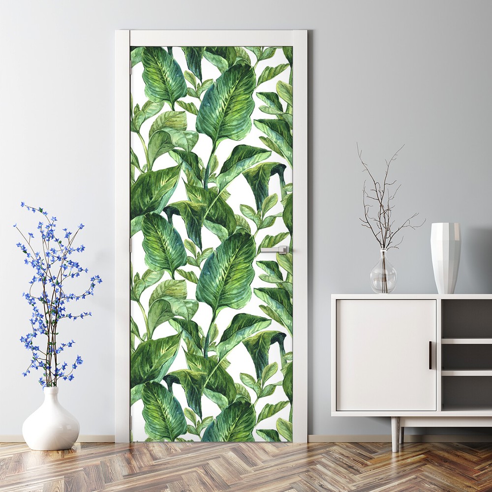 Tropical leaves Bubble Free Door sticker green and yellow Decal wall covering