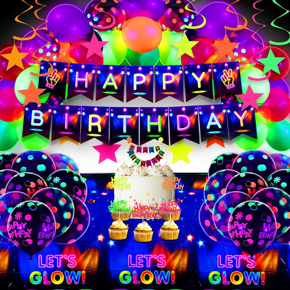 Neon Party Decorations Glow in the Dark Party Supplies Set Neon Balloons Fluores