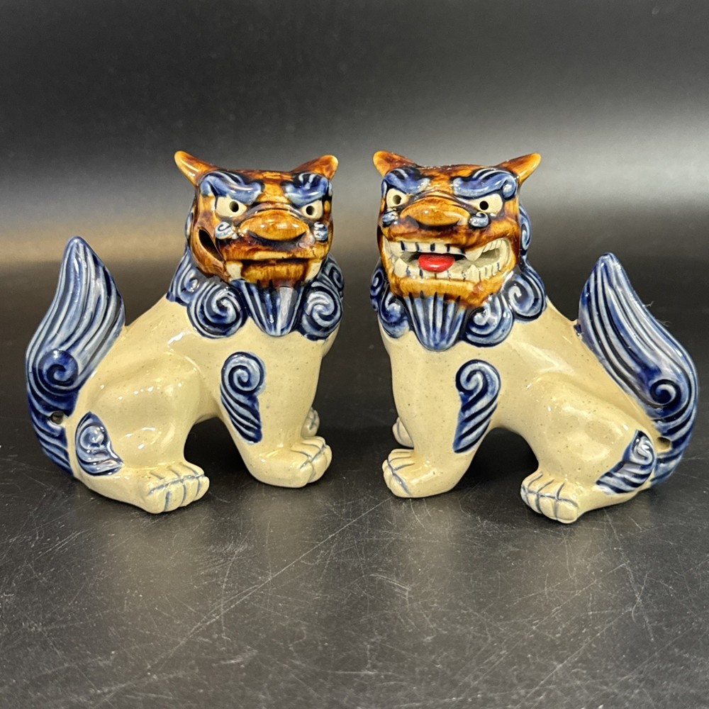 Vintage Okinawa Shisa Guardian Lion Dog Pair Japanese Pottery Foo Dogs 3.5”