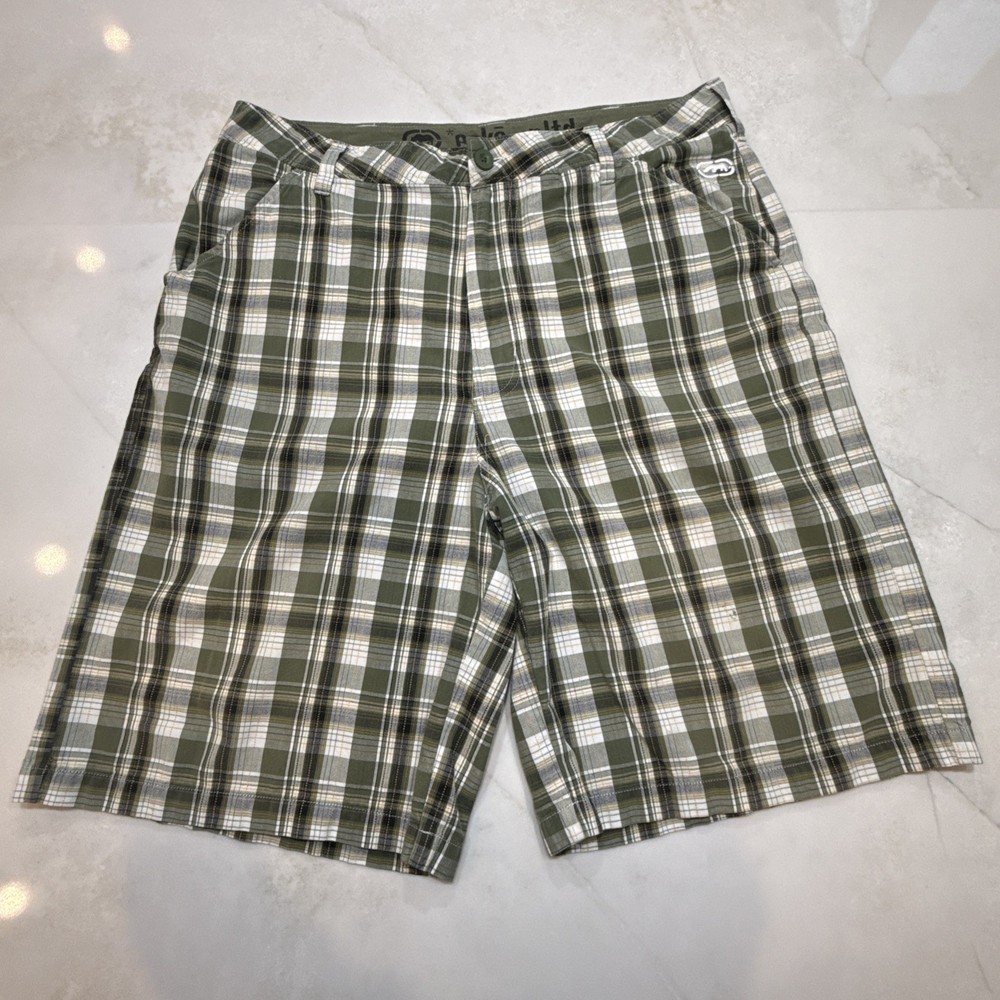 Ecko Unltd Men Plaid Shorts Green White Size 36 Casual Skate Y2K