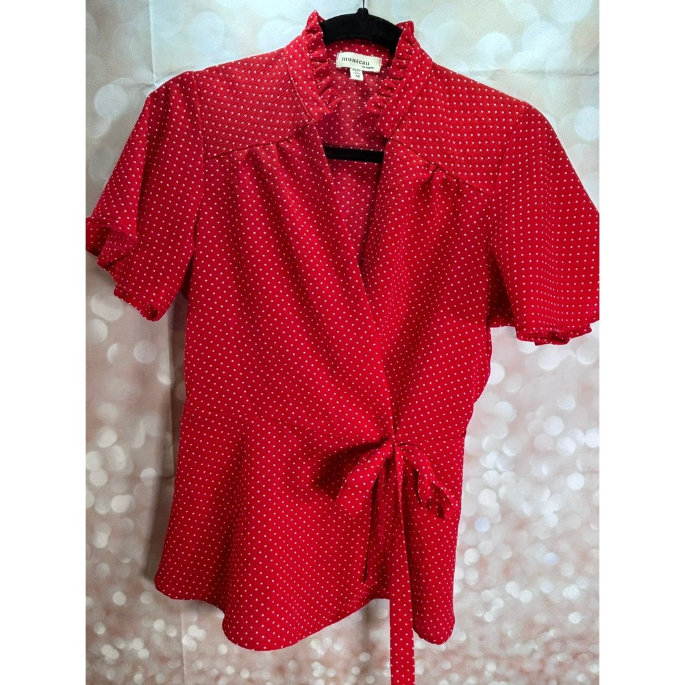 Monteau Los Angeles Red Polka Dot Ruffle Wrap Blouse Top - Women's M