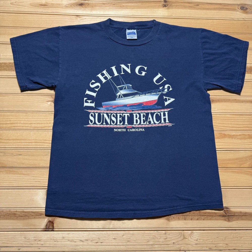 Vintage 90s Fishing USA Sunset Beach North Carolina Boat Graphic T-Shirt Large