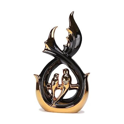 Modern Abstract Art Ceramic Statue with Bird Figurine & Gold Decor for Black-image