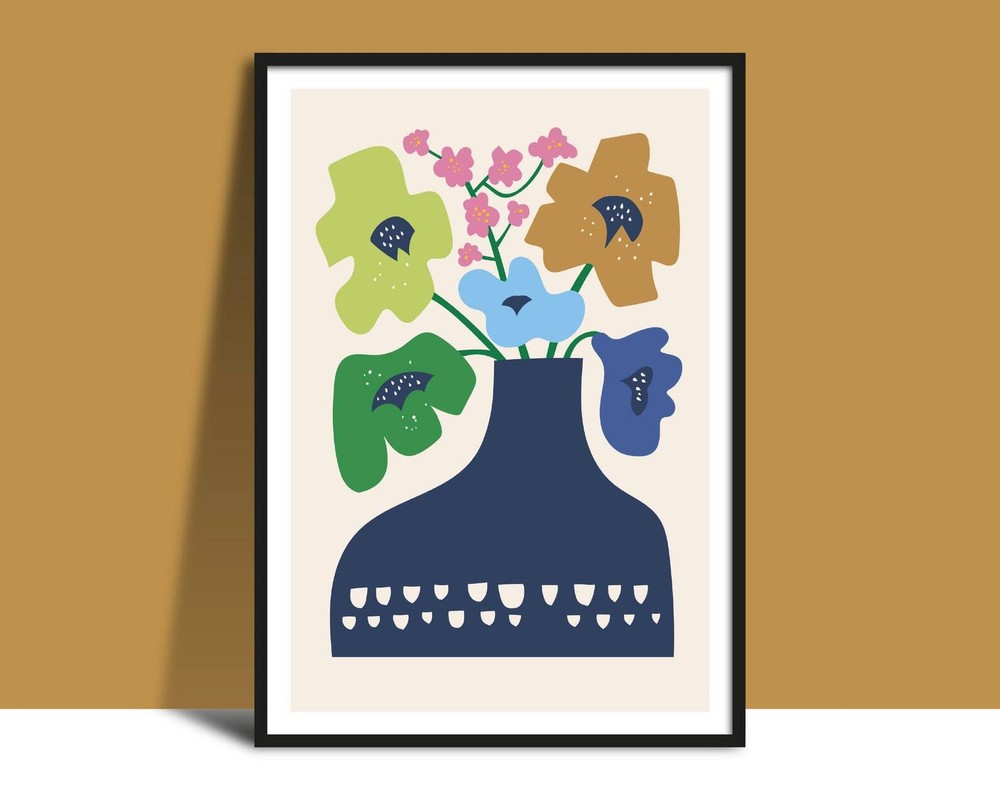 Green Blue Pink Flowers Wall Art Instant Printable Bright Modern Vase