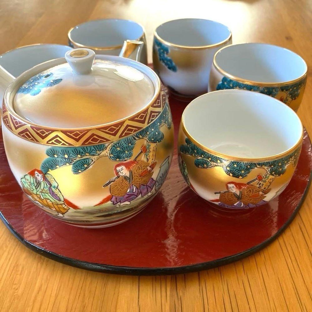 Kutani ware Tea Set 5pcs, Gold Kaili, Japanese Porcelain, Elegant Decor