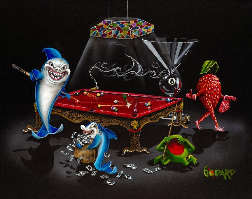 canvas art print giclée -poster- Pillow. pool Hustling sharks billiard