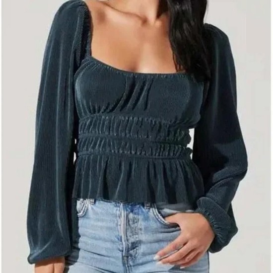 ASTR The Label Women's Size M Ziva Pleated Peasant Deep Teal Blouse NWOT