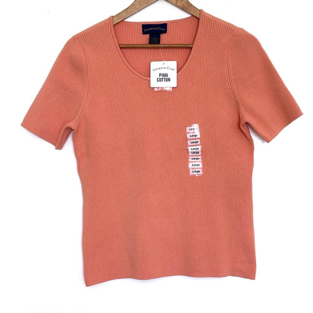 NWT Charter Club Shirt Womens Large Orange Pima Cotton Blend Ribbed Short Sleeve