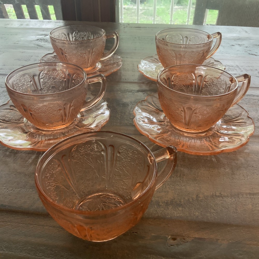 Jeannette Glass Cherry Blossom Pink Depression Glass 4-Teacup & Saucer +1 cup