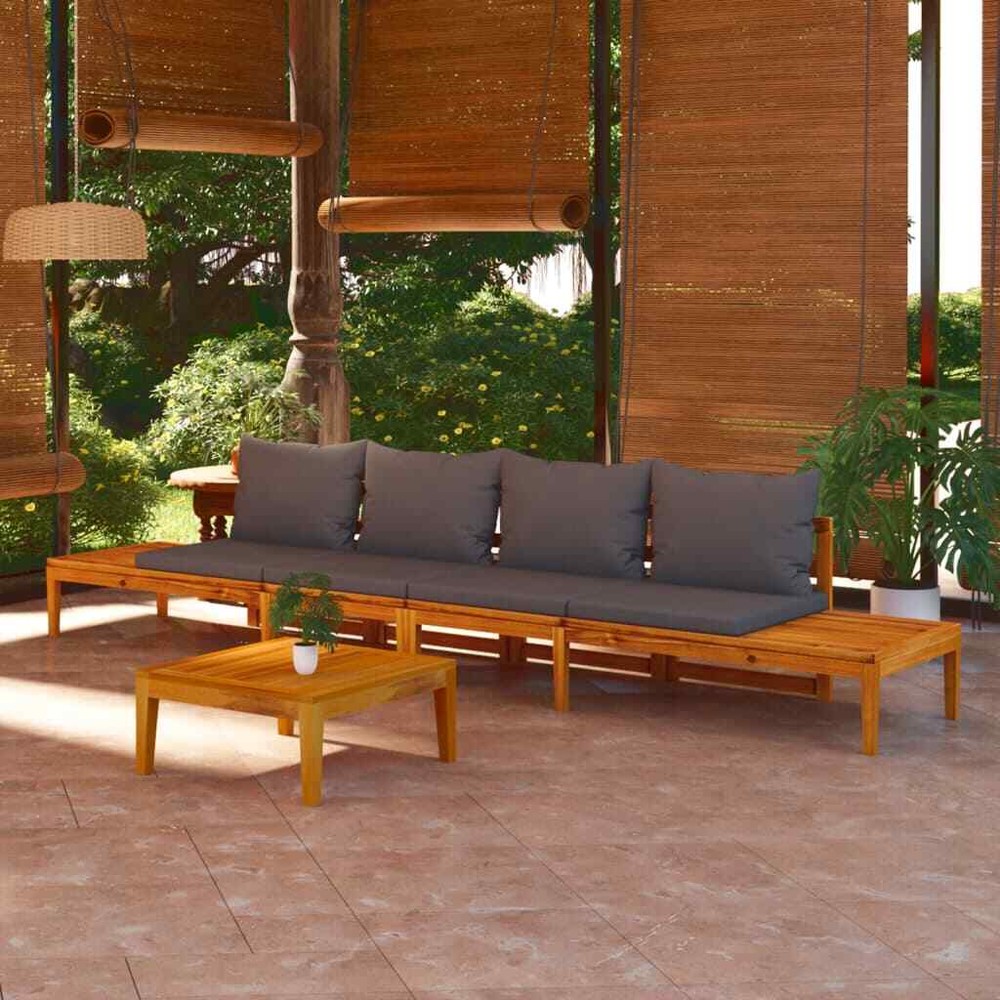 NNEVL 2-Piece Acacia Wood Garden Bench Set with Dark Grey Cushions-image