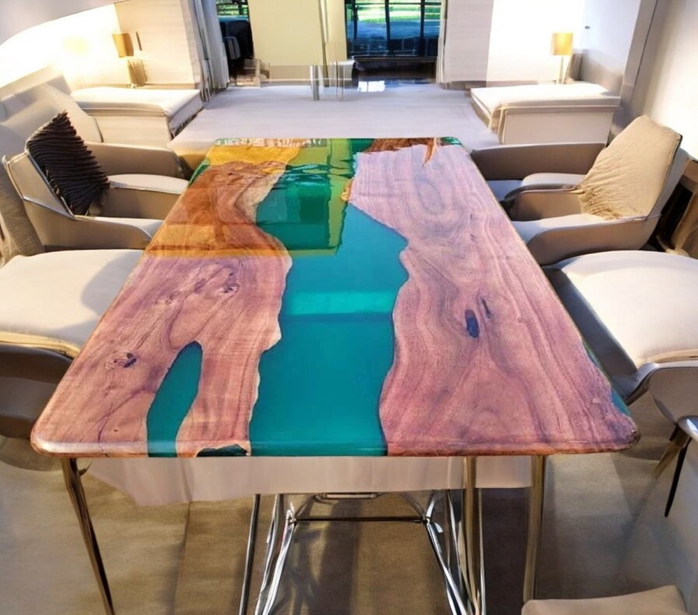 Acacia Wood Table with Green Epoxy Resin Centerpiece Luxury Hallway Decor-image