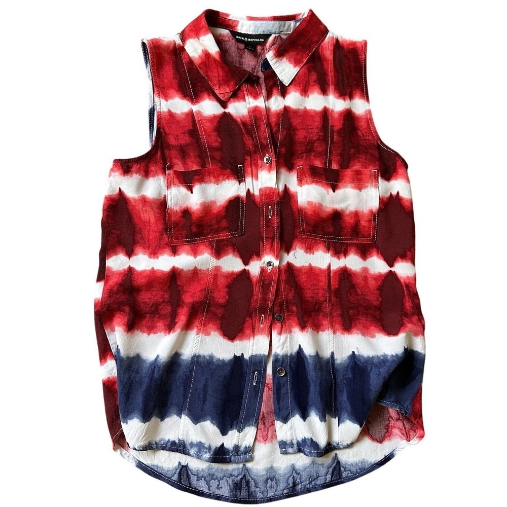 Rock & Republic Sleeveless Top Women S Red White Blue Tie Dye Button Down Shirt