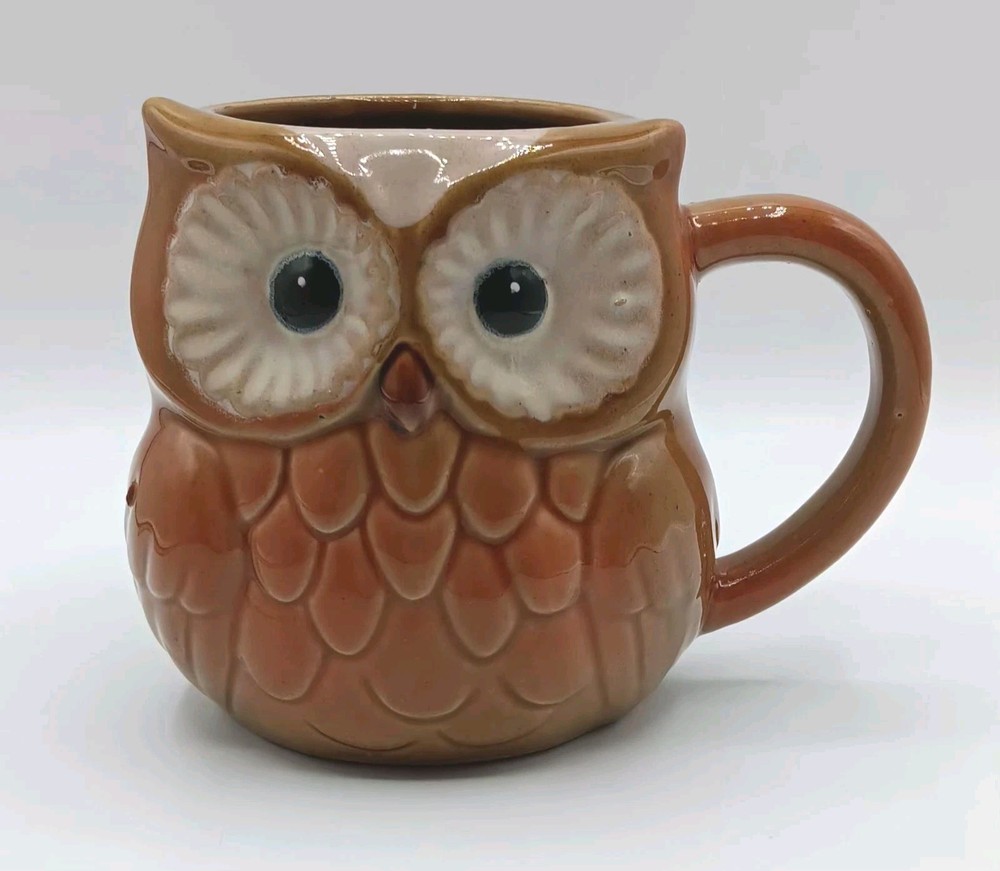 Cracker Barrel Ceramic Owl Mug Brown White Coffee Cup Shaped 3D Embossed Vintage
